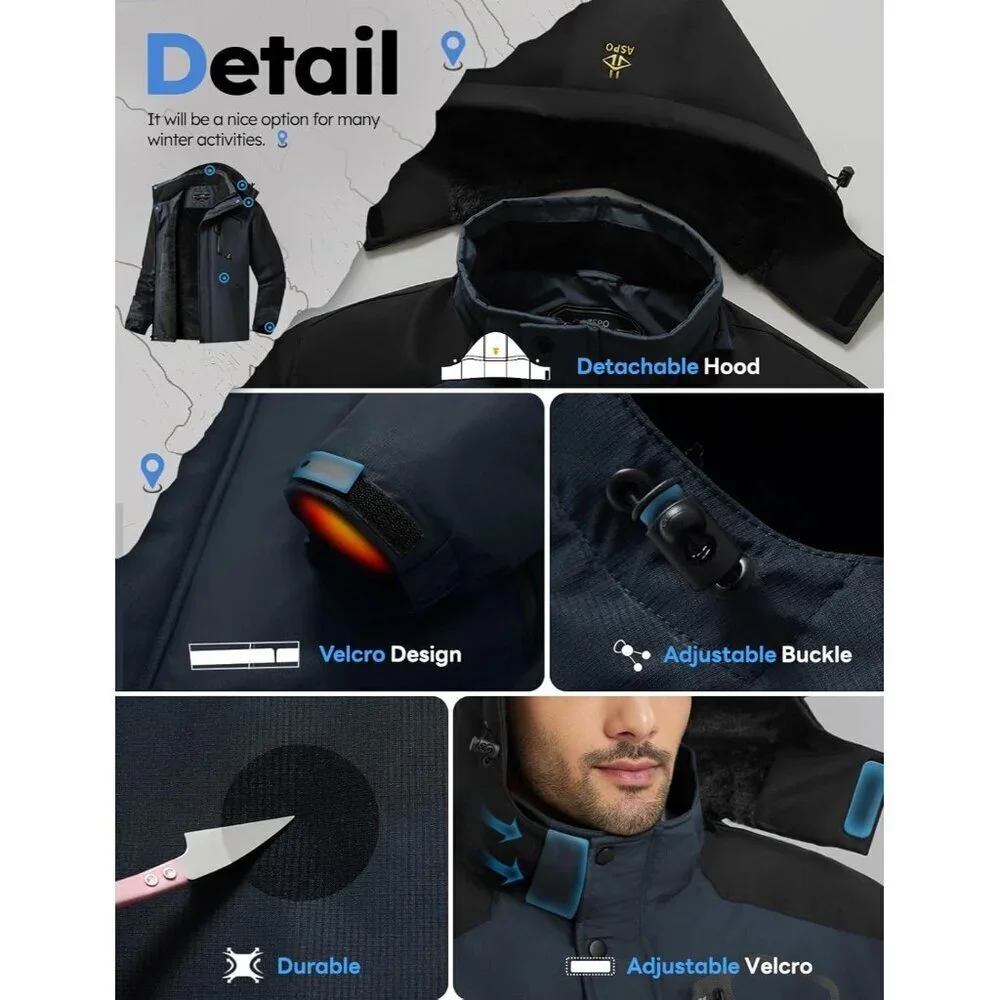 Men's NavyBlue 1 Waterproof Winter Warm Snow Coat Fleece Lined Hiking Ski Jacket
